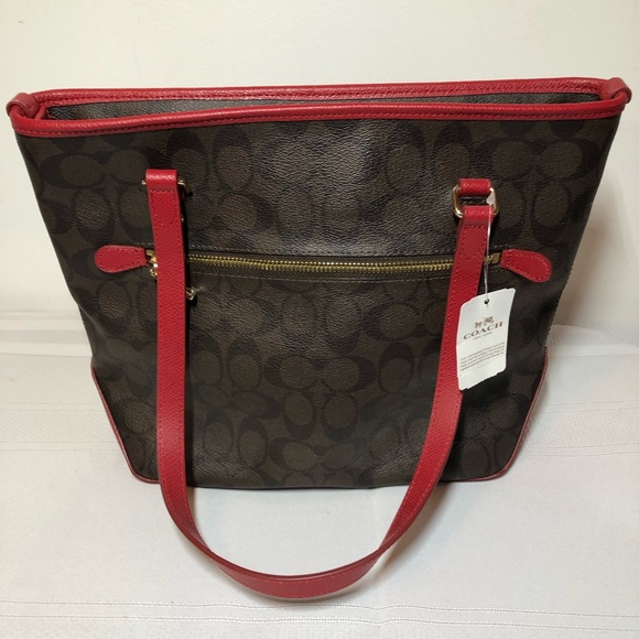 NWT COACH PURSE. Brown with red accents. Gold hardware. Medium size. - Picture 3 of 12